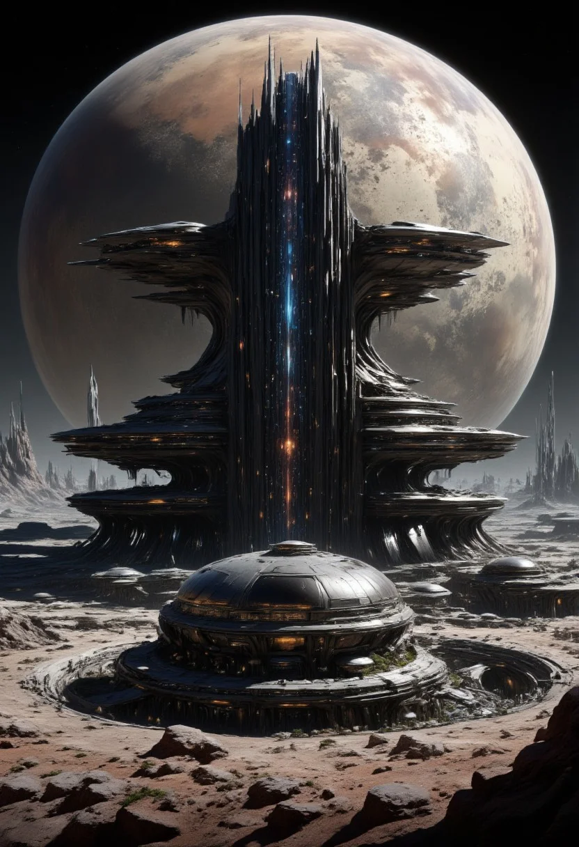 mythp0rt, masterpiece oil painting, landscape of a futuristic sci-fi moon base, gleaming metals and ceramics, domes, cratered environment, dusty, thin haze, a large planet dominating the skyline