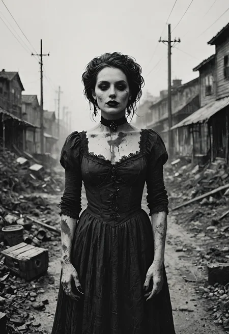 score_9, score_8_up, score_7_up, source_photo, gothic, monochromatic, monochrome, muted_color, digital photography, flat colors, vintage dirt, artifacts, heavy film grain, 1girl, mature_female, dark atmosphere, eerie, Over-the-hip view, rating_safe, <lora:pony\test\Gothic_Grain_Pony:1.0000000000000002>