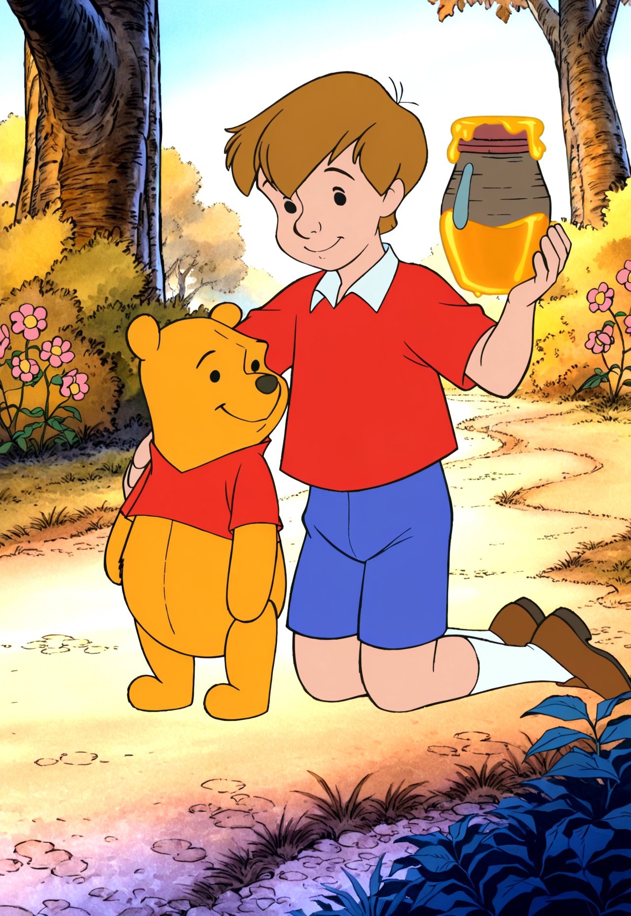 masterpiece, absurdres, highres, (anime screencap:2, anime coloring:2), official art, accurate art style, very aesthetic, flat colors, official screencap, style parody, proper proportions, WinnieThePooh_Character_And_Style, The Tigger Movie, retro artstyle, 2000s \(style)\, sketchy lines:2, BREAK, 1boy, Christopher Robin, brown hair, black eyes, short hair, yellow shirt, collared shirt, t-shirt, blue shorts, white socks, brown loafers, happy, kneeling, Winnie the Pooh, teddy bear, red shirt, holding a honey jar, honey, BREAK, detailed background, outdoors, blue skies, forest, Pooh Bear's house, trees, dirt path, bushes, flowers, BREAK, full body, cowboy shot, BREAK, vibrant colors, bloom, vignette, cinematic lighting, 75% soft lighting, 25% dark lighting