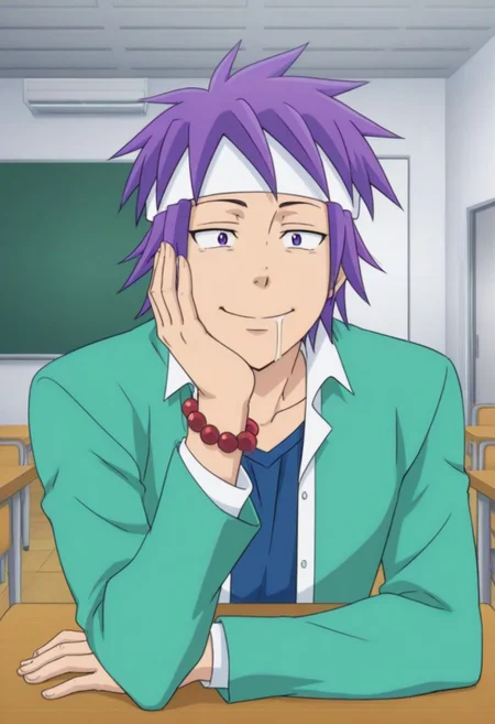 Anime, ((1male only, 1male focus, solo picture,  single illustration, single person only)), ((Handsome, cute, sexy, attractive, good-looking)), Reita Toritsuka, purple hair, white headband, purple eyes, green gakuran uniform, unbuttoned, necklace, blue shirt, bracelets, drooling, goofy expression, goofy big smile, one hand on cheek, one arm support on desk, white collared shirt, long sleeves, front view