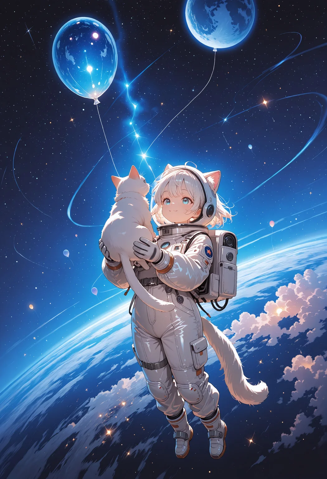 lazypos, refined detailed, high quality, highres, cinematic lighting, absurdres, 8k, detailed, highest definition, (masterpiece, best quality, ultra-detailed, full body, very aesthetic, fantasy art style, cute astronaut, child in spacesuit, space suit with cat ears, floating, smiling, short white hair, round face, childlike), (2 cats, white cat, fluffy cat, floating cat, adorable cats, interaction), moon balloon, glowing balloon, sparkles, dreamy expression, soft shading, soft colors, character design art, fantasy, artistic, beautiful lighting, delicate details, BREAK, outer space, stars, sparkling sky, planet below, magical atmosphere, cosmic scene, glowing stars, orbit rings, celestial objects, smooth gradients, dreamlike quality, ethereal atmosphere, atmospheric, absurdres, newest, beautiful composition, soft glow, midniji, vibrant colors, detailed character design, traditional media, aosiai123_illu