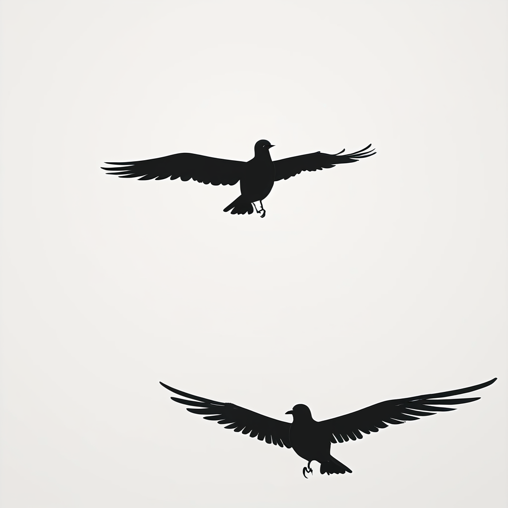 Minimalist Vector Art, ArsMJStyle, The image is a black and white silhouette of a bird in flight with its wings spread wide. The background is plain white, making the bird appear to be soaring freely. The overall mood is light and liberated.bird, flight, silhouette, monochrome, greyscale, simple background, white background, wings spread.  <lora:Minimalist_vector_artSDXL:1>