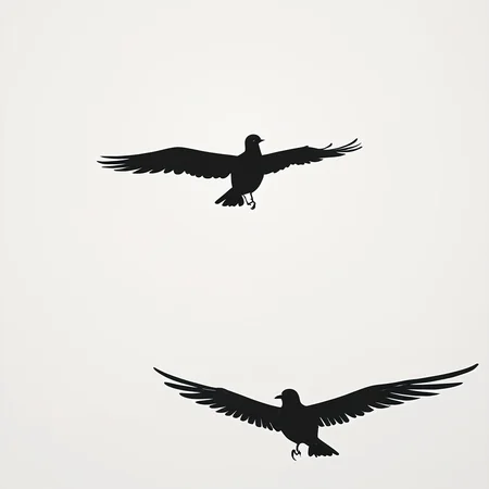 Minimalist Vector Art, ArsMJStyle, The image is a black and white silhouette of a bird in flight with its wings spread wide. The background is plain white, making the bird appear to be soaring freely. The overall mood is light and liberated.bird, flight, silhouette, monochrome, greyscale, simple background, white background, wings spread. <lora:Minimalist_vector_artSDXL:1>