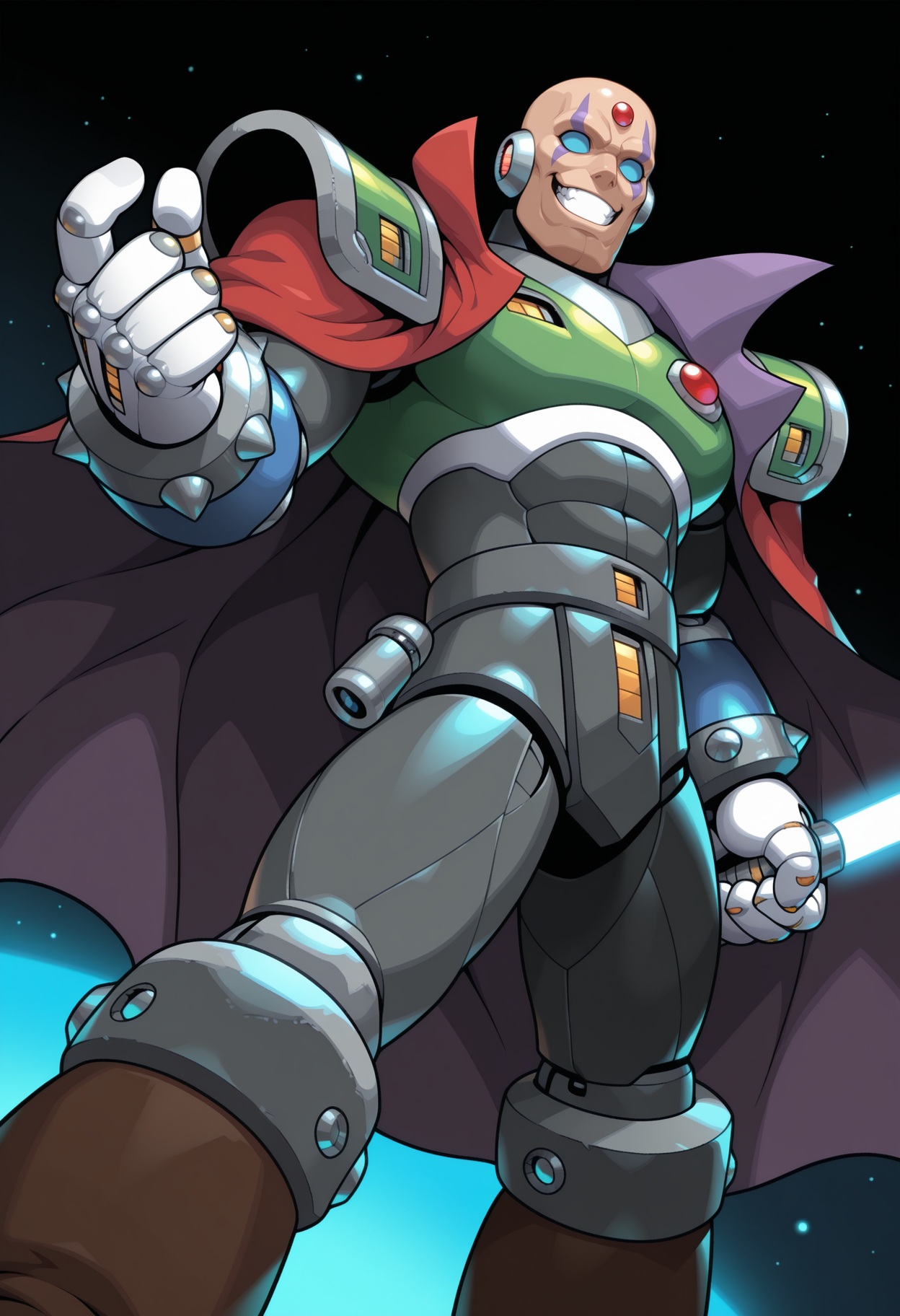 1boy,s1gma,solo,cowboy shot,fighting stance,dutch angle,holding lightsaber,looking at viewer,evil grin,open mouth, bald,purple facial mark, robot,empty eyes,no pupils,blue sclera, forehead jewel, robot ears, robot joints, white gloves, muscular,red gem, shoulder pads, spiked bracelet,spiked boots,brown boots,red cape,
out doors,space,
masterpiece,best quality,amazing quality,