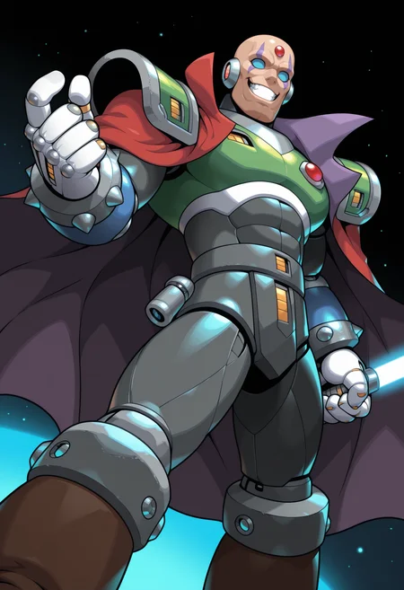 1boy,s1gma,solo,cowboy shot,fighting stance,dutch angle,holding lightsaber,looking at viewer,evil grin,open mouth, bald,purple facial mark, robot,empty eyes,no pupils,blue sclera, forehead jewel, robot ears, robot joints, white gloves, muscular,red gem, shoulder pads, spiked bracelet,spiked boots,brown boots,red cape,
out doors,space,
masterpiece,best quality,amazing quality,