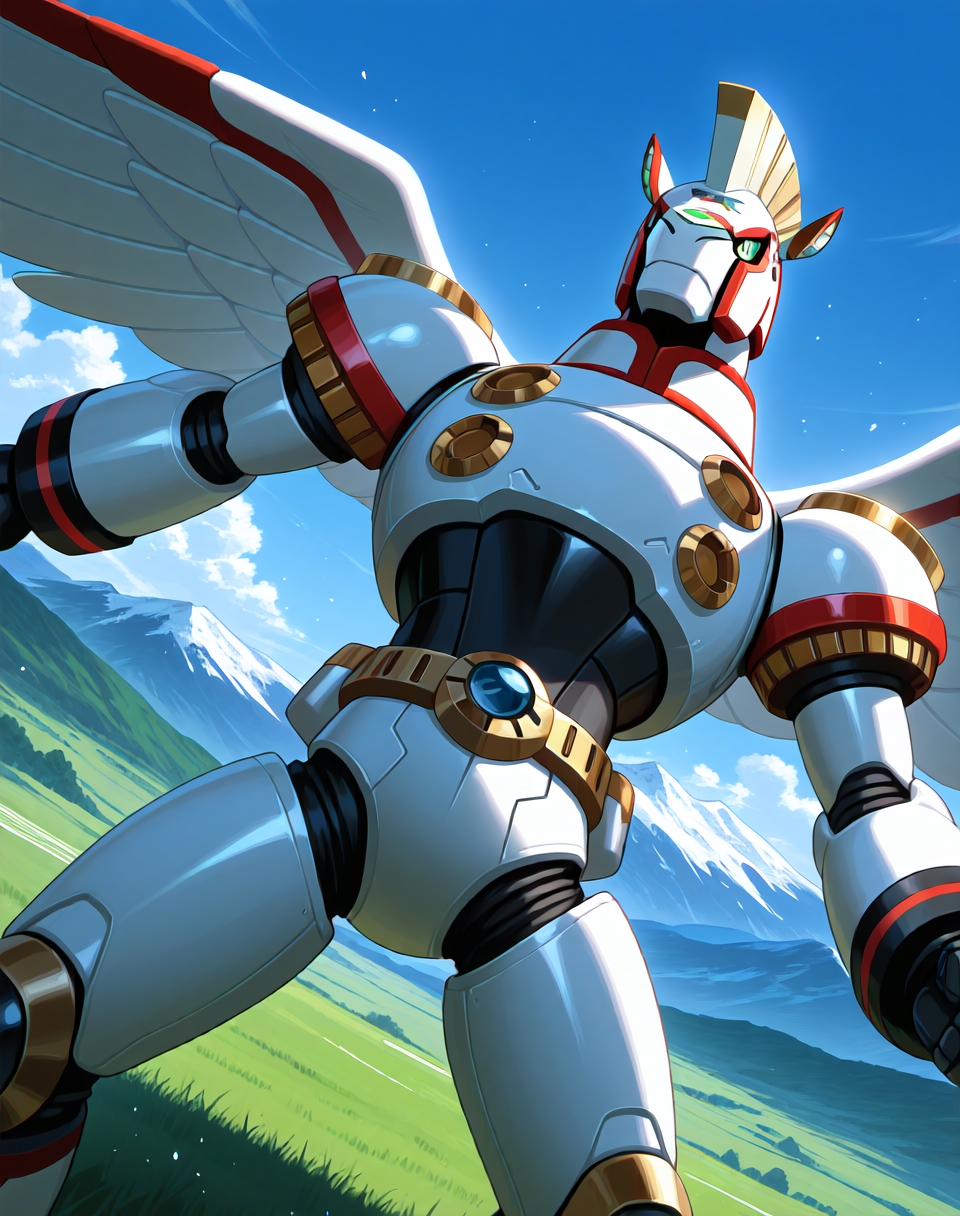 <lora:Spiral_Pegasus_(Mega_Man_X)_(Illustrious)_(AD):1> Spiral Pegasus, reploid, MMX, 
exterior, blue sky with clouds, mountain valley, grassy valley,
dutch angle, dynamic action, cowboy shot,
male focus, intense shadows, dynamic shadows, intricate details, attention to details, gradient coloring, robot, bright vivid colors, deep metallic colors, glossy metal body, 
BREAK very awa, masterpiece, best quality, amazing quality, very aesthetic, highres, absurdres,
EZRealPONYXL, zPDXL, Smooth Quality, lazynsfw,