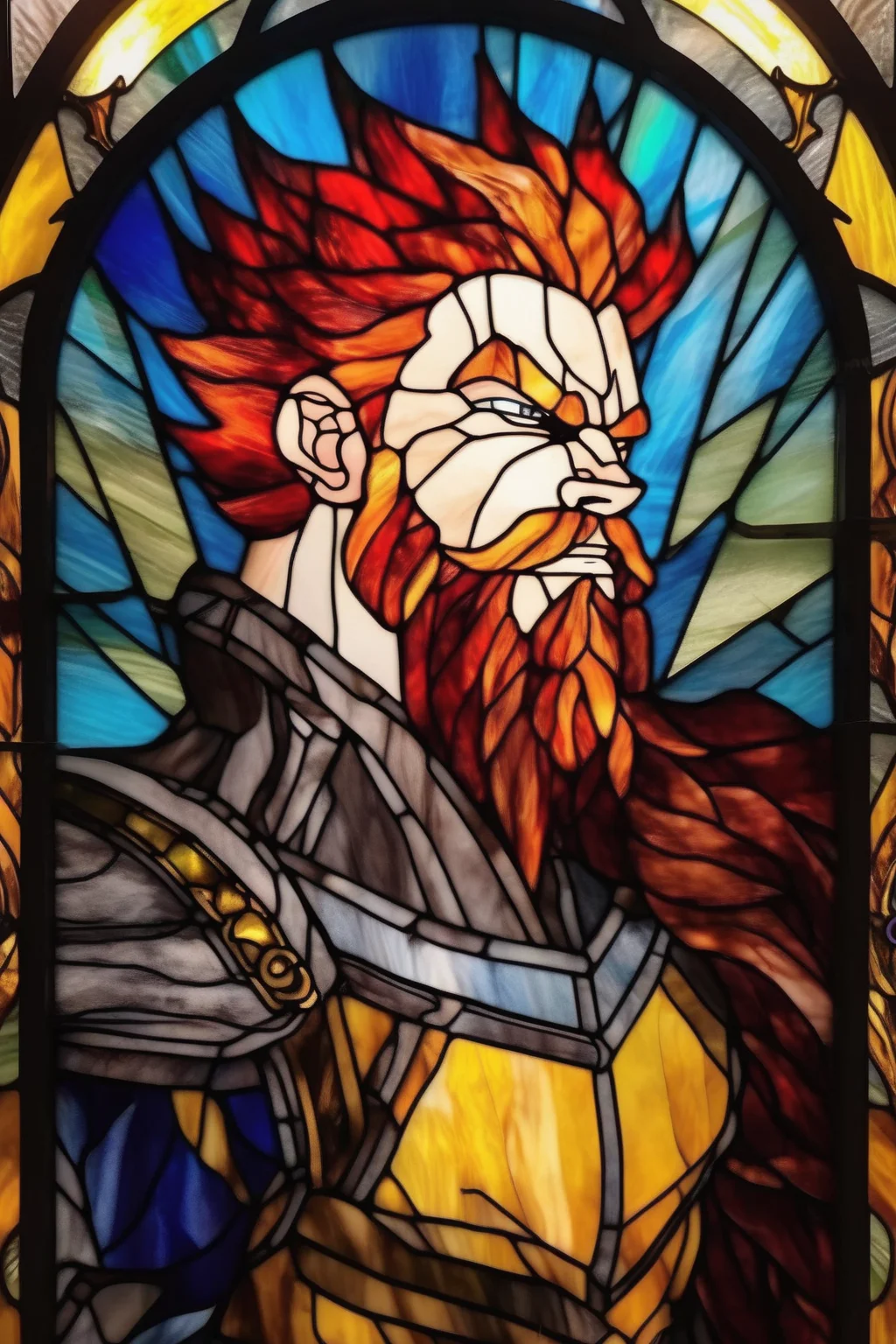 <lora:Stained Glass Portrait:1>Stained Glass Portrait - hyper detailed super saiyan in stained glass with red hair and beard