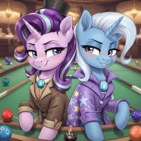 score_9, score_8_up, score_7_up, score_6_up, score_5_up, score_4_up, g4, duo, pony, feral pony, Trixie, starlight glimmer, coat, fur coat, top hat, jewelry, happy, smile, casino, billiards, playing billiards, blushing, cute, glare, high res, lidded eyes, detail face, detail face