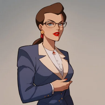 score_9, score_8_up, score_7_up, solo, 1girl, lipstick, ponytail, brown hair, blue eyes, formal, glasses, suit, white shirt, formal, earrings, breast, Janet Van Dorn (dc)