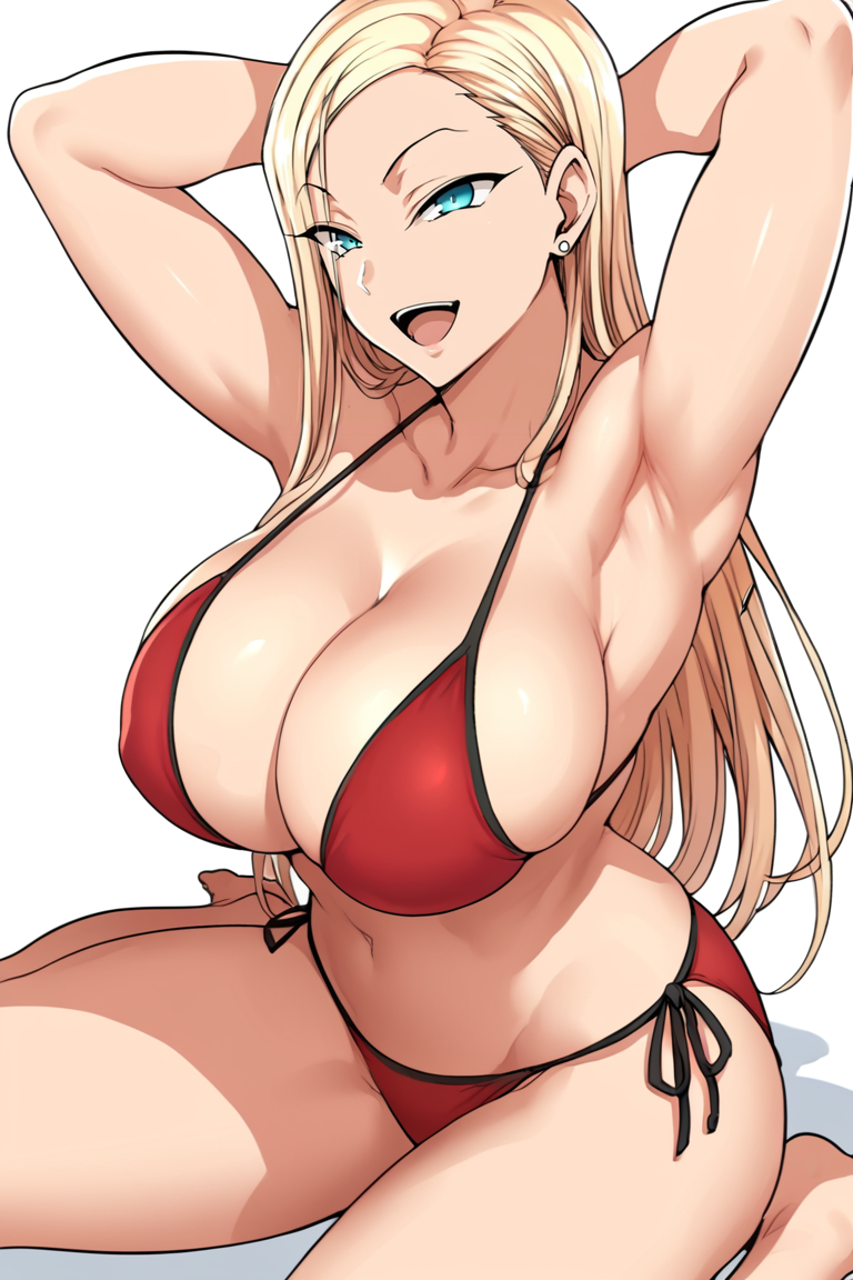 score_9, score_8_up, score_7_up, source_anime,reina kurashiki, swimsuit, breasts, 1girl, bikini, long hair, blonde hair, open mouth, huge breasts, armpits, blue eyes, smile, arms behind head, white background, cleavage, red bikini, sitting, earrings, , , simple background, jewelry, side-tie bikini bottom, arms up, solo focus, looking at viewer<lora:EMS-439196-EMS:1.000000>