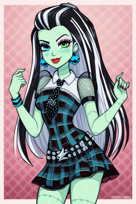 score_9, score_8_up, score_8, medium breasts, (curvy), cute, eyelashes, BREAK, , zzFrankie, heterochromia, blue eyes, green eyes, multicolored hair, aqua skin, streaked hair, black hair, white hair, long hair, stitches, jewelry, earrings, makeup, lipstick, plaid dress, skirt, bracelet, <lora:Frankie_MH_PDXL:1.0>, , BREAK, <lora:Afrobull_PDXL_v4:0.8>, ,,, BREAK, smile, looking at viewer, closed mouth, cowboy shot, ,,, embedding:zPDXL, Expressiveh, ,,, <lora:SDXLFaeTastic2400:0.5>, <lora:Expressive_H-000001:0.4>,