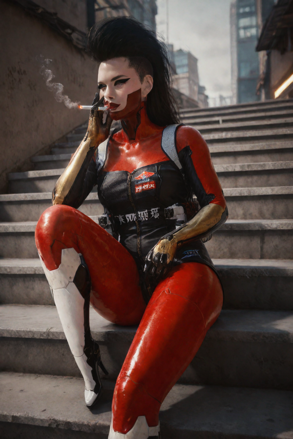((Glamour Portrait)),score_9, score_8_up:1.1),score_7_up,1girl.
Cyberpunk woman in futuristic red and black bodysuit, sitting casually on ledge at night. Long black hair in high ponytail with shaved sides. Striking makeup with sharp eyeliner and red face paint. Robotic arms and legs visible. Holding lit cigarette in raised hand. Urban nighttime background with neon lights. Confident pose, looking to the side. Sleek, high-tech aesthetic with a mix of shiny and matte textures on the suit. Strong contrast lighting emphasizing red outfit against dark surroundings. 
<lora:cyberpunk_tiger_claws_woman:0.7>