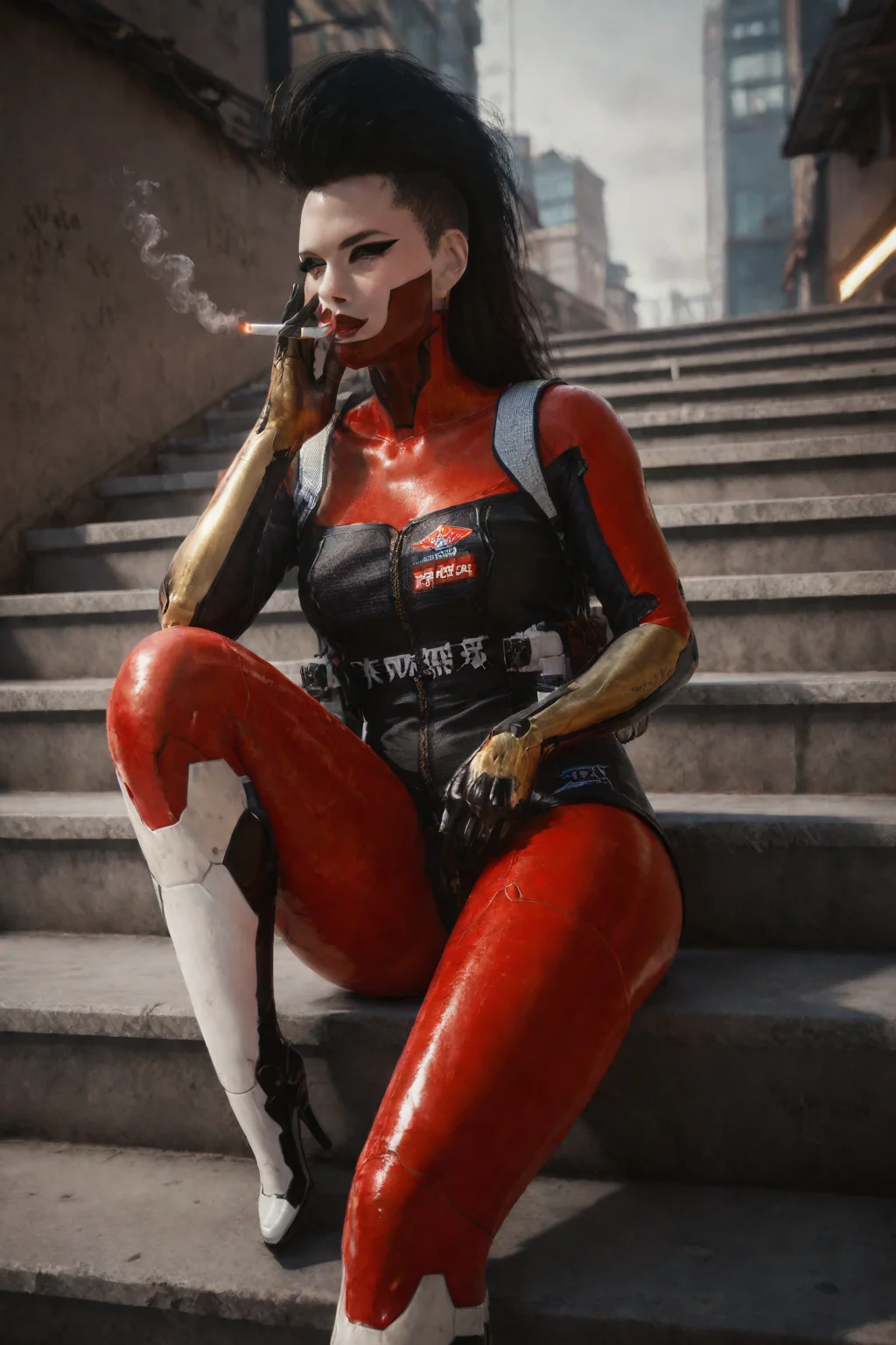 ((Glamour Portrait)),score_9, score_8_up:1.1),score_7_up,1girl.
Cyberpunk woman in futuristic red and black bodysuit, sitting casually on ledge at night. Long black hair in high ponytail with shaved sides. Striking makeup with sharp eyeliner and red face paint. Robotic arms and legs visible. Holding lit cigarette in raised hand. Urban nighttime background with neon lights. Confident pose, looking to the side. Sleek, high-tech aesthetic with a mix of shiny and matte textures on the suit. Strong contrast lighting emphasizing red outfit against dark surroundings. 
<lora:cyberpunk_tiger_claws_woman:0.7>