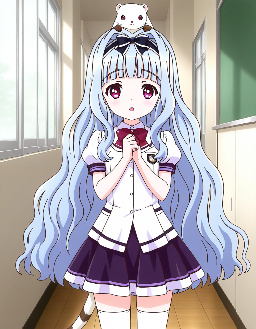 general,highres, ultra-detailed,very aesthetic,best quality ,best hands,  BREAK <lora:Watayuki_BP_IS:1>Watayuki(BP), 1girl,solo, hairband, very long hair, hair bow, purple eyes,  hair intakes, light blue hair, blunt bangs, wavy hair,
 thighhighs, school uniform, skirt, white thighhighs, bow, zettai ryouiki, ribbon, indoors, short sleeves, shirt, 
open mouth, pink eyes, white shirt, puffy sleeves, looking at viewer, miniskirt,
3_animals,  white_ferret, animal on head,