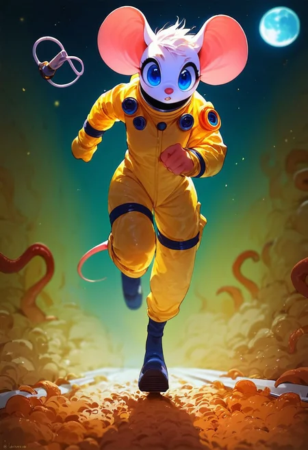 score_9, score_8_up, score_7_up, anime style, anthro,
BeckieMouse, White mouse, blue eyes, 
tentacles, hazmat suit, frightened,
Running, moon, dark lighting,
Straight on, full shot,