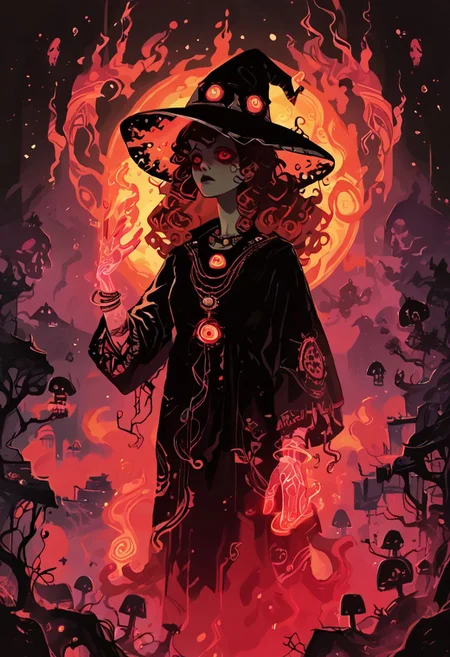 score_9, score_8_up, score_7_up, score_6_up,  fl4ttr1p,
1girl, solo, witch, red curly hair, skulls, magic, neon, fog, mist, spirits, glow,