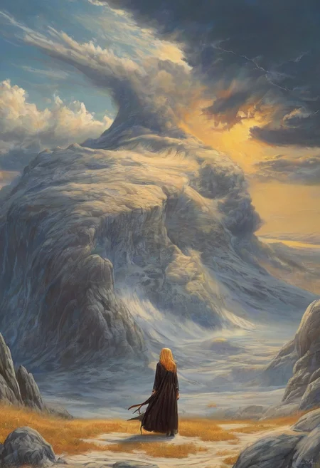 1woman, blonde hair, the grim reaper, facing away, rocky hill, standing, robe blowing in the wind, clouds, sky, sunset, stars, cosmic, in meditation, ultra detailed landscape, bright yellow, energy surrounding surrounding him, volumetric lighting, ultra detailed clothes, ultra detailed body, ultra detailed hair, a city made of blue crystals is on fire in the distance, serenity, holding a sword,
by Natalia Rak and Barclay Shaw in the style of Jessica Rossier, <lora:EnvyAnimeWatercolorXL02:0.60> , Elmore_Style_LX <lora:Elmore_Style_LX-000011:0.60>
