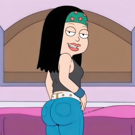 haysmi,1girl, solo, tank top, jeans, looking at viewer, cocky smile, aroused, ass, side view, bedroom,