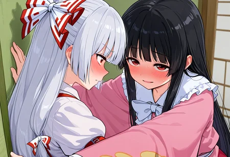 (masterpiece, high quality, amazing detail), highres, 2girls, confession, fujiwara no mokou, houraisan kaguya, against wall, looking at another, <lora:Wanna_touch_boobs:1>