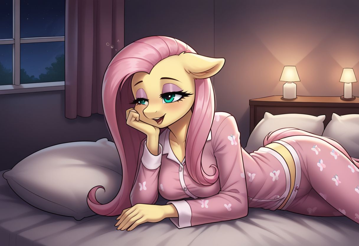 1girl, anthro, Fluttershy, medium breasts, long hair, in bedroom at night, lights off, pajamas, beautiful eyes, detailed, soft skin, makeup, light lipstick, eyeshadow, eyelashes, in bed, waking up, morning, waking up next to you, lying on side, head rest, open eyes, laughing