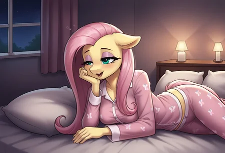 1girl, anthro, Fluttershy, medium breasts, long hair, in bedroom at night, lights off, pajamas, beautiful eyes, detailed, soft skin, makeup, light lipstick, eyeshadow, eyelashes, in bed, waking up, morning, waking up next to you, lying on side, head rest, open eyes, laughing