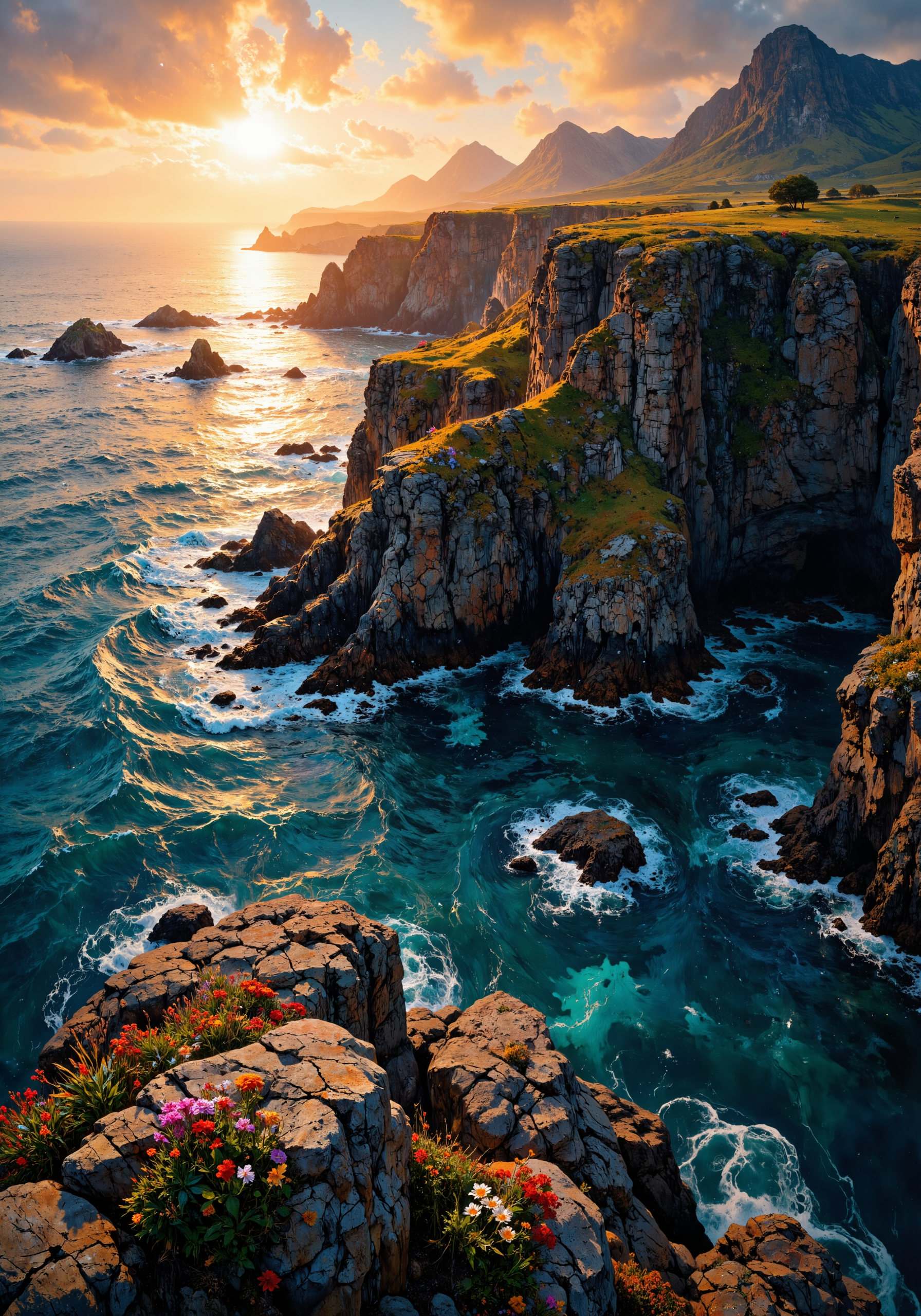 Sweeping aerial panorama, isolated rugged coastal cliff at dawn, intricate rock textures, delicate wildflowers on weather-beaten stone, radiant hues of amber and turquoise merging with crystalline ocean. Majestic low-angle perspective, vivid natural gradients, subtle mist enveloping jagged edges, dynamic interplay of sunlit highlights and deep shadows, hyper-detailed 8K masterpiece quality. Atmospheric essence, timeless natural geometry, mesmerizing spatial intricacy, dramatic contrast between luminous sky and serene seascape, vibrant color palette, refined natural textures, intricate details, sublime composition, organic harmony, surreal vista. <lora:FluxMythP0rtr4itStyle:0.6> <lora:RM_Enhancer_v1.0_bf16:0.3> <lora:Memadukan_Brush_Strokes_of_Fineart:0.7> <lora:MysticFantasy:0.5> <lora:flux_dev:1>
