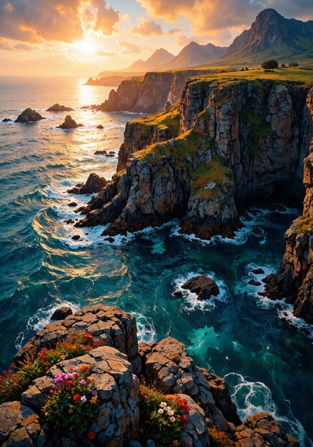 Sweeping aerial panorama, isolated rugged coastal cliff at dawn, intricate rock textures, delicate wildflowers on weather-beaten stone, radiant hues of amber and turquoise merging with crystalline ocean. Majestic low-angle perspective, vivid natural gradients, subtle mist enveloping jagged edges, dynamic interplay of sunlit highlights and deep shadows, hyper-detailed 8K masterpiece quality. Atmospheric essence, timeless natural geometry, mesmerizing spatial intricacy, dramatic contrast between luminous sky and serene seascape, vibrant color palette, refined natural textures, intricate details, sublime composition, organic harmony, surreal vista. <lora:FluxMythP0rtr4itStyle:0.6> <lora:RM_Enhancer_v1.0_bf16:0.3> <lora:Memadukan_Brush_Strokes_of_Fineart:0.7> <lora:MysticFantasy:0.5> <lora:flux_dev:1>