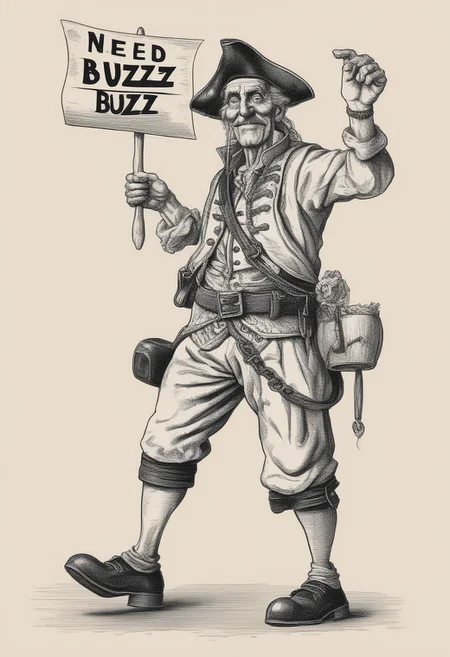 "Need some Buzz" An old, blind, cartoon British pirate, on one leg, stretches out his hand to the viewer asking for money. Around the pirate's neck hangs a sign "Need some Buzz"   <lora:texta:0.9>