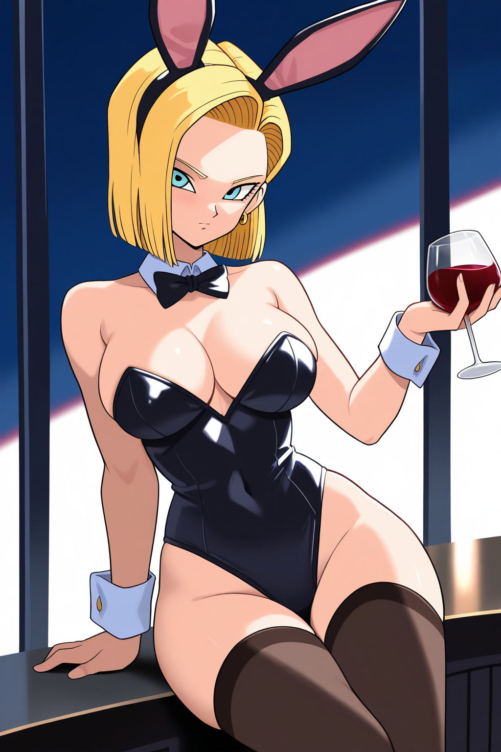 masterpiece, best quality, absurdres, android 18, dragon ball, 1girl, alcohol, animal ears, blonde hair, breasts, cup, drinking glass, fake animal ears, playboy bunny, rabbit ears, red wine, solo, temporal hairline, thighhighs, wine, wine glass