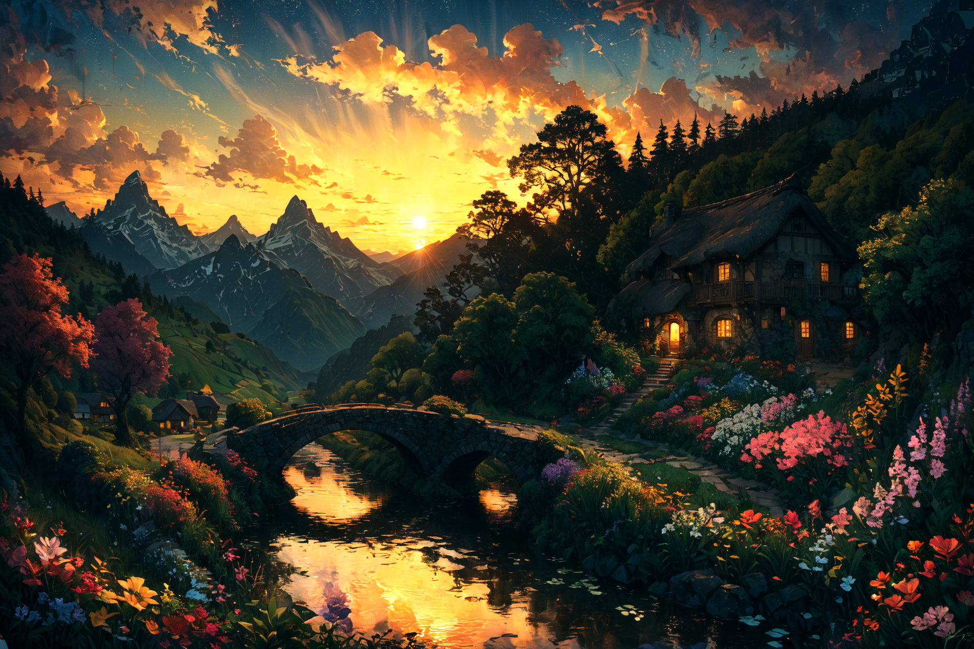 Imagine a serene landscape set during the golden hour, with the sun casting its warm glow over a picturesque village nestled in the rolling hills of the countryside. In the foreground, a crystal-clear stream meanders through lush green fields dotted with wildflowers of every hue, reflecting the vibrant colors of the sky as day transitions to evening. An ancient stone bridge spans the stream, leading to the village where quaint cottages with thatched roofs and flowering vines climbing up their walls emit a welcoming glow from their windows. In the distance, majestic mountains stand guard, their peaks just catching the last light of the sun. This tranquil scene is alive with the sounds of nature: the gentle flow of water, the soft rustle of leaves in the breeze, and the distant call of birds heading home. The whole composition invites the viewer into a timeless moment of peace and beauty, untouched by the rush of modern life. <lora:Lost_In_Dreams:0.7> <lora:xl_more_art-full_v1:0.6>, (masterpiece:1.2), best quality, (hyperdetailed, highest detailed:1.2), high resolution textures