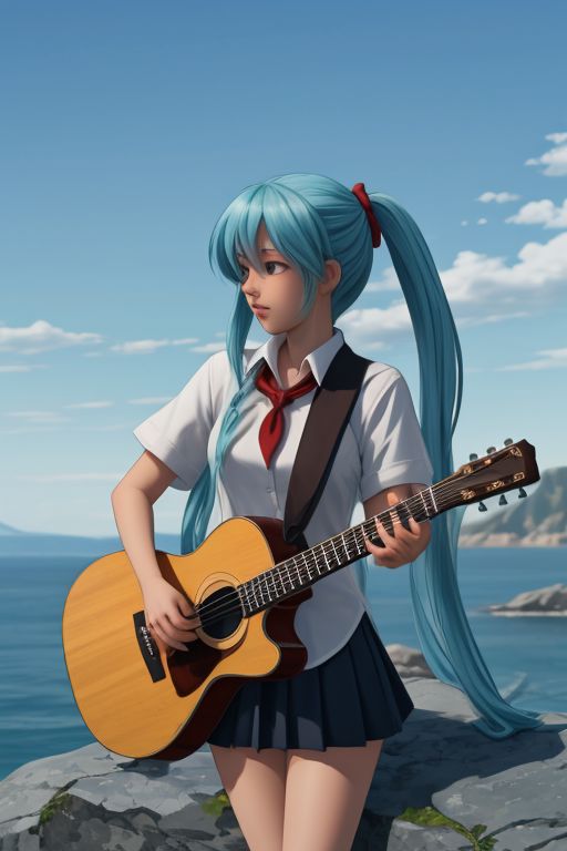 mi, Anime girl 1 girl, solo, aqua hair, long hair, long ponytails, white collar shirt, blue pleated skirt, red neckerchief, standing on a rock, playing guitar, ribbon, sky, front view
