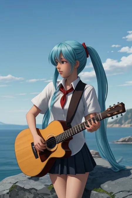 mi, Anime girl 1 girl, solo, aqua hair, long hair, long ponytails, white collar shirt, blue pleated skirt, red neckerchief, standing on a rock, playing guitar, ribbon, sky, front view