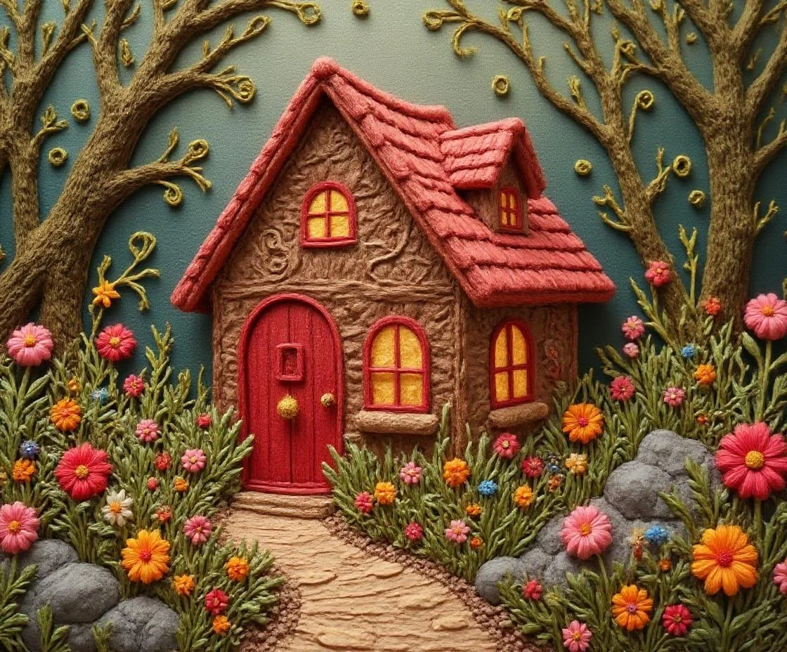 <lora:YarneyYarnYarnv2.safetensors:1>
This handmade sculptural cottage, crafted from papier-mâché and clay, exudes a playful and whimsical charm. The cottage's red door, adorned with intricate, hand-painted swirls and patterns, features a star-shaped doorknob that adds a touch of magical allure. The texture of the door is intentionally uneven, with visible brush strokes and slight imperfections that give it a personal and handcrafted feel. The arched windows, painted in a warm amber hue, emit a soft, enchanting glow, enhancing the cottage's fairy-tale quality.
The cottage sits on a scenic path made of smooth, light brown stepping stones, which are slightly irregular in shape and size, adding to the whimsical atmosphere. The path winds through lush, vibrant green grass and mossy rocks, creating a serene and inviting forest setting. The cottage's roof, with its slight sag and hand-painted shingles, casts natural shadows that add depth and character to the design. The entire scene is bathed in a gentle, warm light, with the camera angle slightly elevated to showcase the enchanting details and the charming forest backdrop. This handmade creation, with its bright, moderately saturated colors and exaggerated proportions, is a delightful addition to any mantel, shelf, or themed collection.