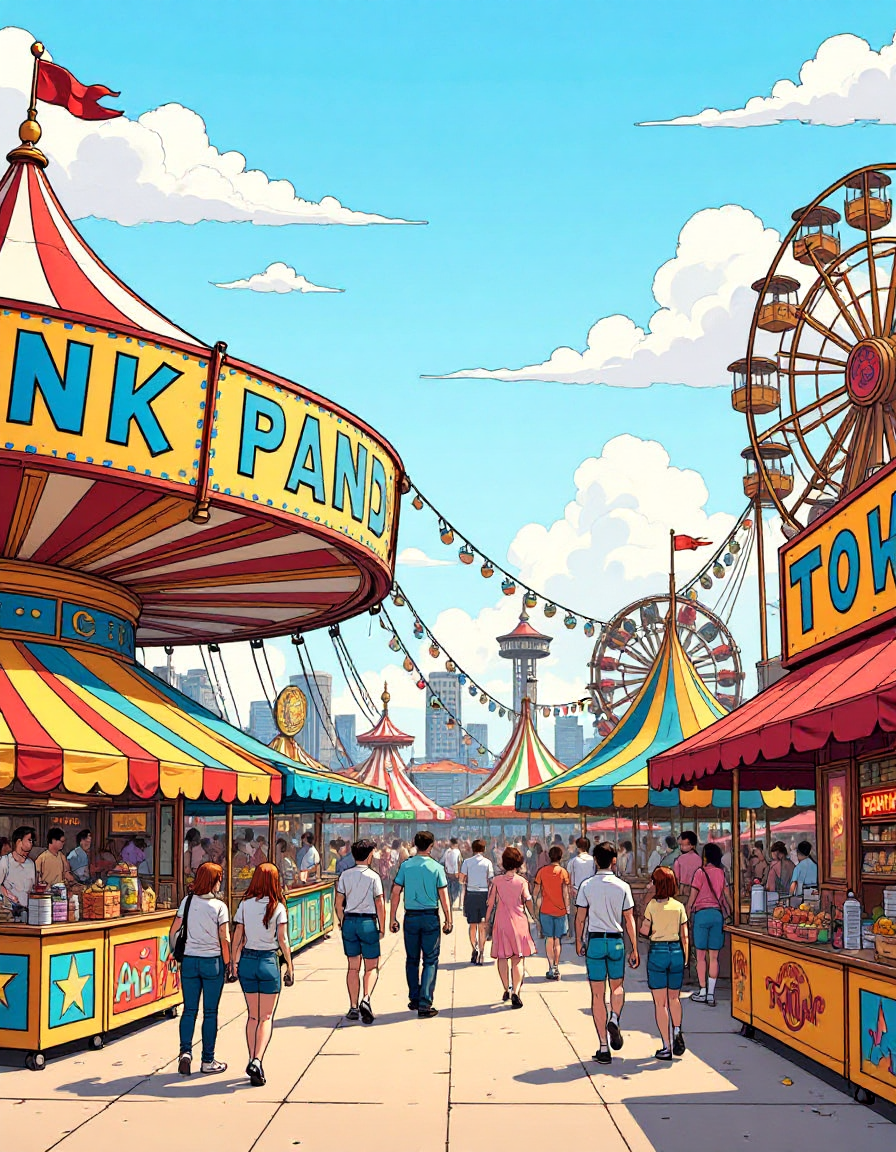 illustrated vibrant carnival with colorful rides, food stalls, and people enjoying the festivities.