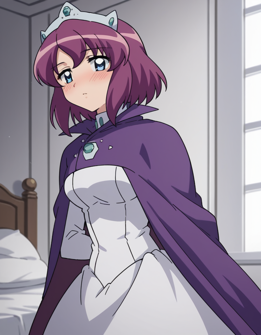 score_9, score_8_up, score_7_up, source_anime,
henriettadetristain, <lora:henrietta-de-tristain-s3-ponyxl-lora-nochekaiser:1>,
henrietta de tristain, short hair, blue eyes, purple hair,
long sleeves, hat, dress, cape, tiara, crown, purple cape, white dress, long sleeves,
indoors, bed, bed room, on side, blush, drunk,
looking at viewer, cowboy shot, solo, dutch angle
