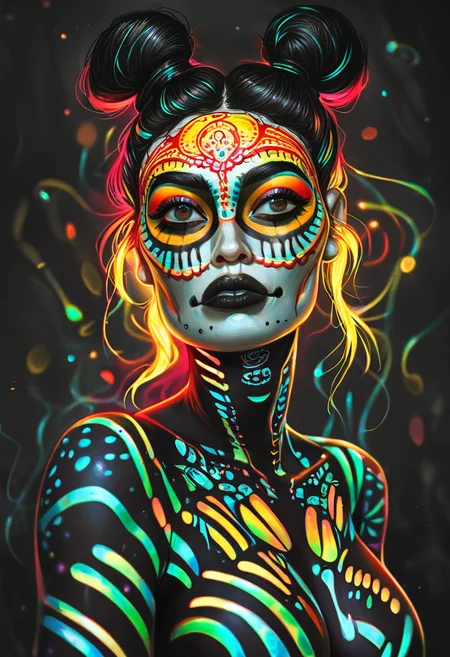 score_9, score_8_up, score_7_up, score_6_up, 1girl, (neon hair:1.3), hair bun, dia de los muertos face paint,big eyes, day of the dead makeup, dark eyeliner, (black and white face makeup:1.2), skeleton facepaint, detailed background, depth of field, eye smoke, busty, striped lighting, portrait, glow, pinup girl pose, sexy, alluring, bokeh blur, upper body, jewelry, skimpy outfit, s1_dram