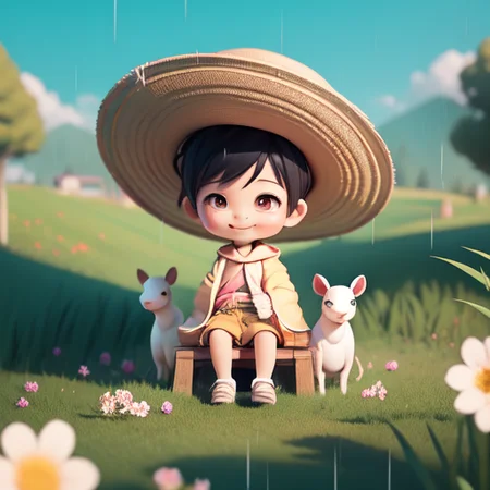 (masterpiece),(best quality),(ultra-detailed), (full body:1.2), 1boy,chibi, smile,(beautiful detailed face), (beautiful detailed eyes), (Simple and clean style_1.5), Rainy day, a small Asian boy with a straw hat, sitting on the back of a buffalo, in a wide field with green grass, colorful flowers, willow trees, swallows flying through the air, vague green hills in the distance, villages, the overall color is fresh and light, cartoon style, Chinese style, 3d effect, happy and relaxed atmosphere. <lora:blindbox_V1Mix:1> , vivid color