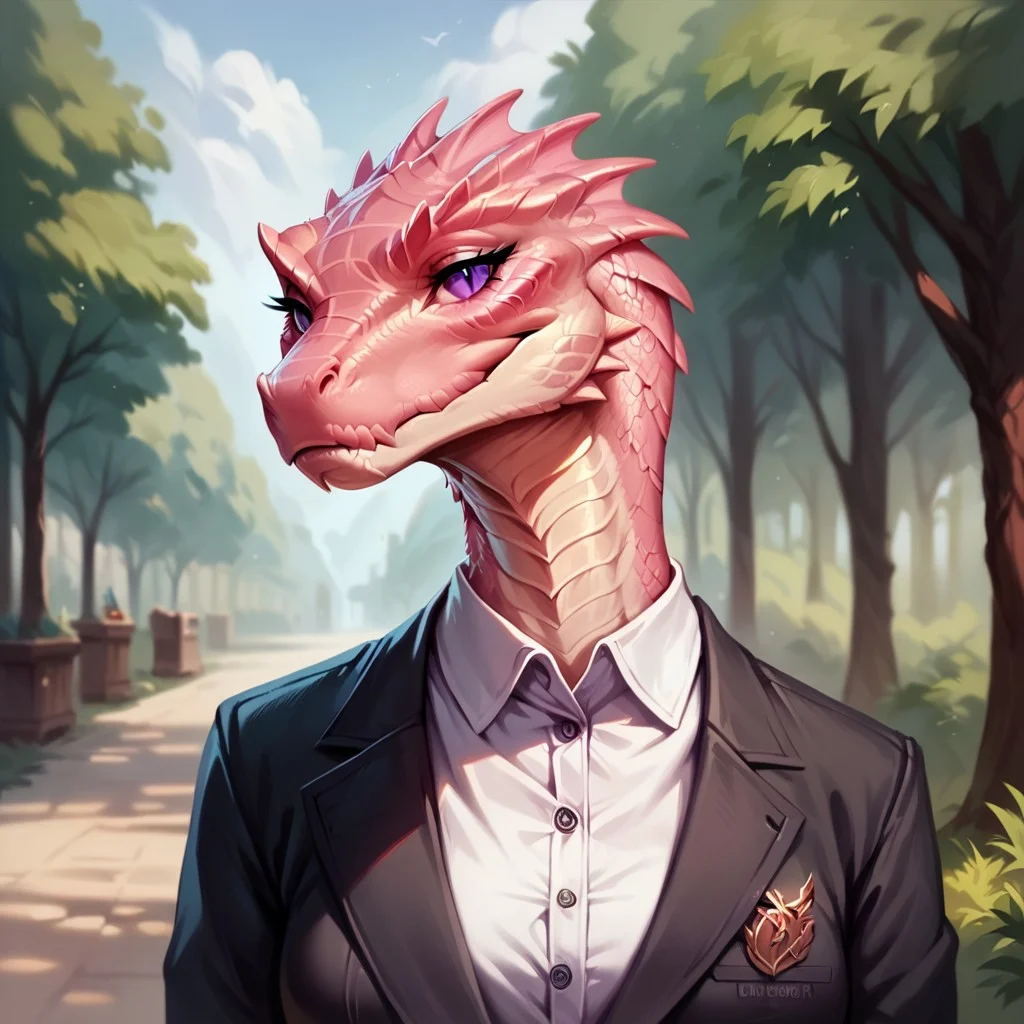 (((detailed, beautiful, high quality))), score_9, score_8_up, score_7_up, upper body,
lizardfolk, anthro lizard, slit pupil, scales, tail,
1 girl, pink scales, purple eyes,, business suit, white shirt, crest,
looking at the viewer, posing,
blurred background, fantasy background,