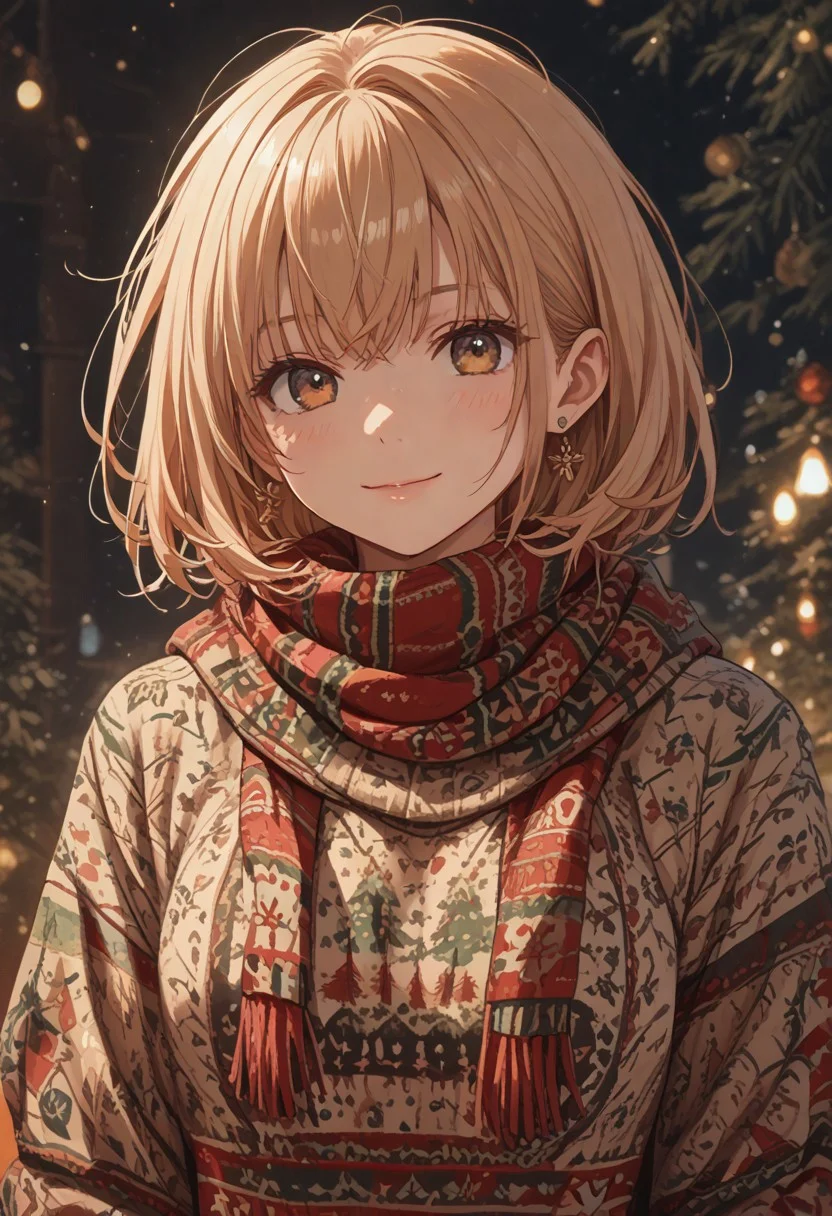 score_9, score_8_up, score_7_up, score_6_up, score_5_up, score_4_up, masterpiece, ultra-detailed, high resolution,
christmas_sweater, 1girl, scarf, christmas, sweater, beautiful smile, closed mouth,closed lips