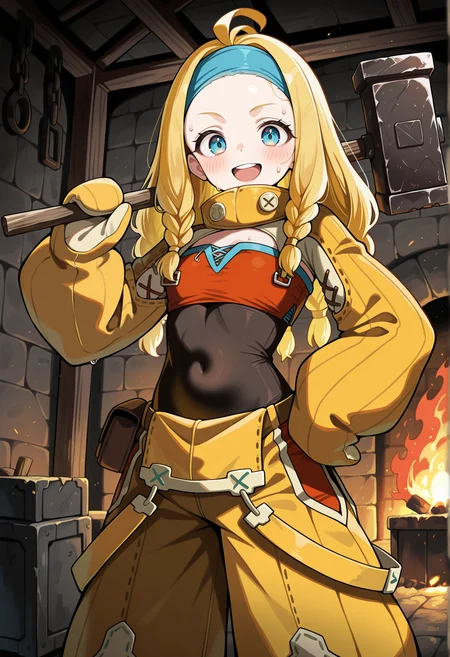 1girl, long hair, blonde hair, braid, multiple braids, blue eyes, ahoge, hairband, high collar, detached sleeves, mittens, tube top, overalls, baggy pants, pouch, solo, standing, holding hammer, indoors, forge, anvil,  smile, looking at viewer, fire, sweat, navel, upper teeth only, open mouth <lora:little_miss_forge_mh_illus:1> bosysuit under clothes, covered navel, masterpiece, best quality, amazing quality, very aesthetic, absurdres, highres, newest