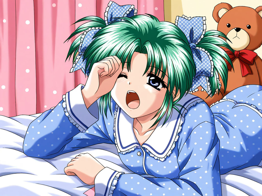 general,highres, ultra-detailed,very aesthetic,best quality ,best hands, BREAK <lora:Minase_Ruka_Akumu_AoiKajitsunoSange_IS:1>
Minase_Ruka, 1girl, solo, green hair, short twintails, blue eyes, hair ribbon, blue plaid ribbon, 
one closed eye,
blue pajamas, long sleeves, pajamas, teddy bear, on bed, shirt, hand up, curtains, polka dot,
Yawn,
