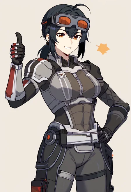 score_9, score_8, score_7_up, score_6_up, 1girl, solo,  n7 armor, armor, BREAK, zzzGrace, black hair, ahoge, short ponytail, goggles on head,bodysuit under clothes, hand on hip, cowboy shot, smile, thumbs up, simple background