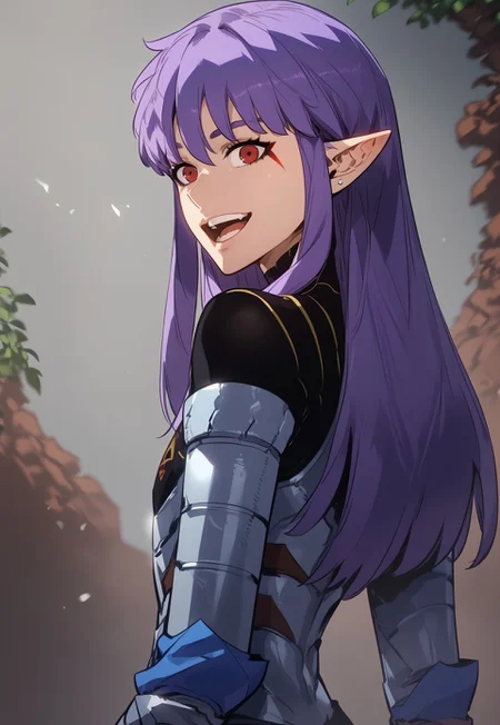 zPDXL3, score_9_up, score_8_up, score_7_up, Anime_source, 1girl, EsilRadiru, red eyes, facial mark, purple hair, long hair, pointy ears, ear piercing, body suit, armor, looking back, looking at viewer, upper body, smile, open mouth