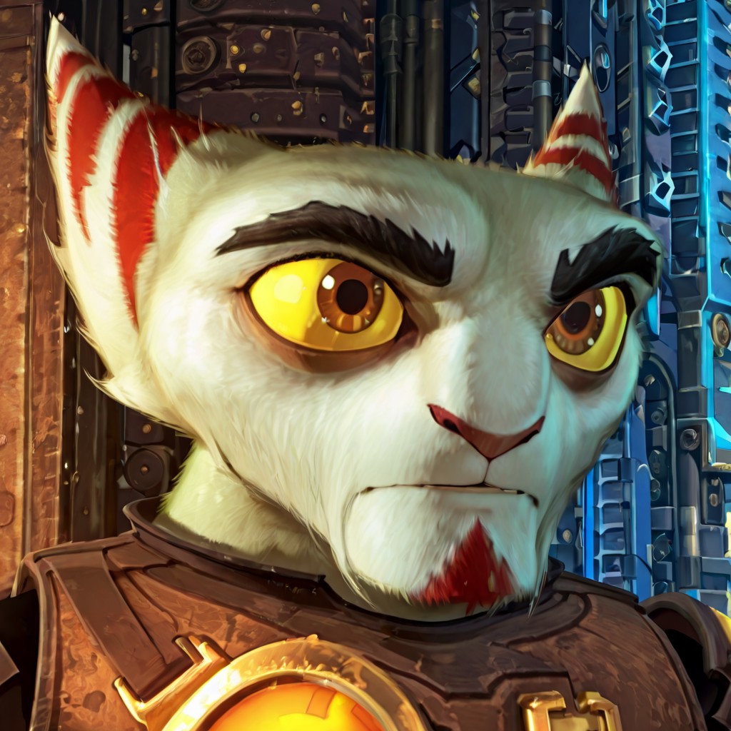score_9,score_8_up,score_7_up,score_6_up,Alister, solo, furry male, older male, yellow sclera, red-brown goatee, beard, tall, muscular, light gray fur with red-brown stripes, thick black eyebrows, a red-brown nose, brown eyes, dark brown and black armor with plates on the shoulders and chest, symbol on chestplate, brown boots, brown gloves with gold accents, red and white tail, close up, face shot, portrait,