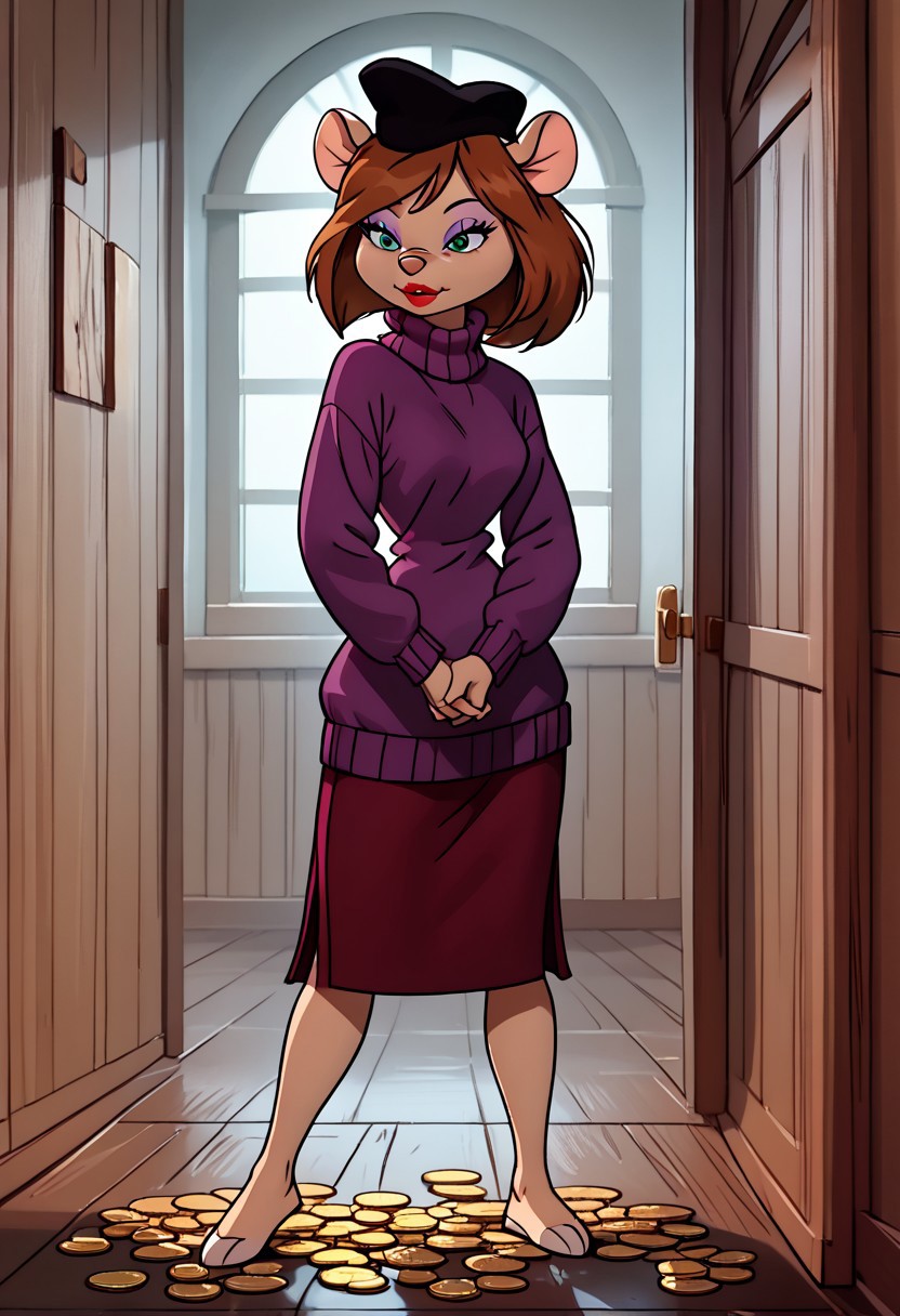 score_9, score_8_up, score_7_up, toon \(style\),ultra high quality,ultra high resolution,ultra ,full body, (extremely detailed), detailed background ,(masterpiece, best quality, high quality, highres, ultra-detailed), ,long legs,  <lora:Desiree_DAllure_Chip_n_Dale_Rescue_Rangers:0.9> desiree d'allure, anthro, furry, mouse, mouse ears, , black headwear, long sleeves, red lips, light purple eyeshadow, brown hair, short bob cut, side-swept bangs, toon (style), purple sweater, turtleneck sweater, aqua eyes, flat color, narrow waist, full body view, perfect eyes,perfect lips, very greedy look, teeth, thick lips ,long eyelashes, (inside golden room1,4), room full of gold, holding golden coins in hands, looking at hands, gold everywhere around