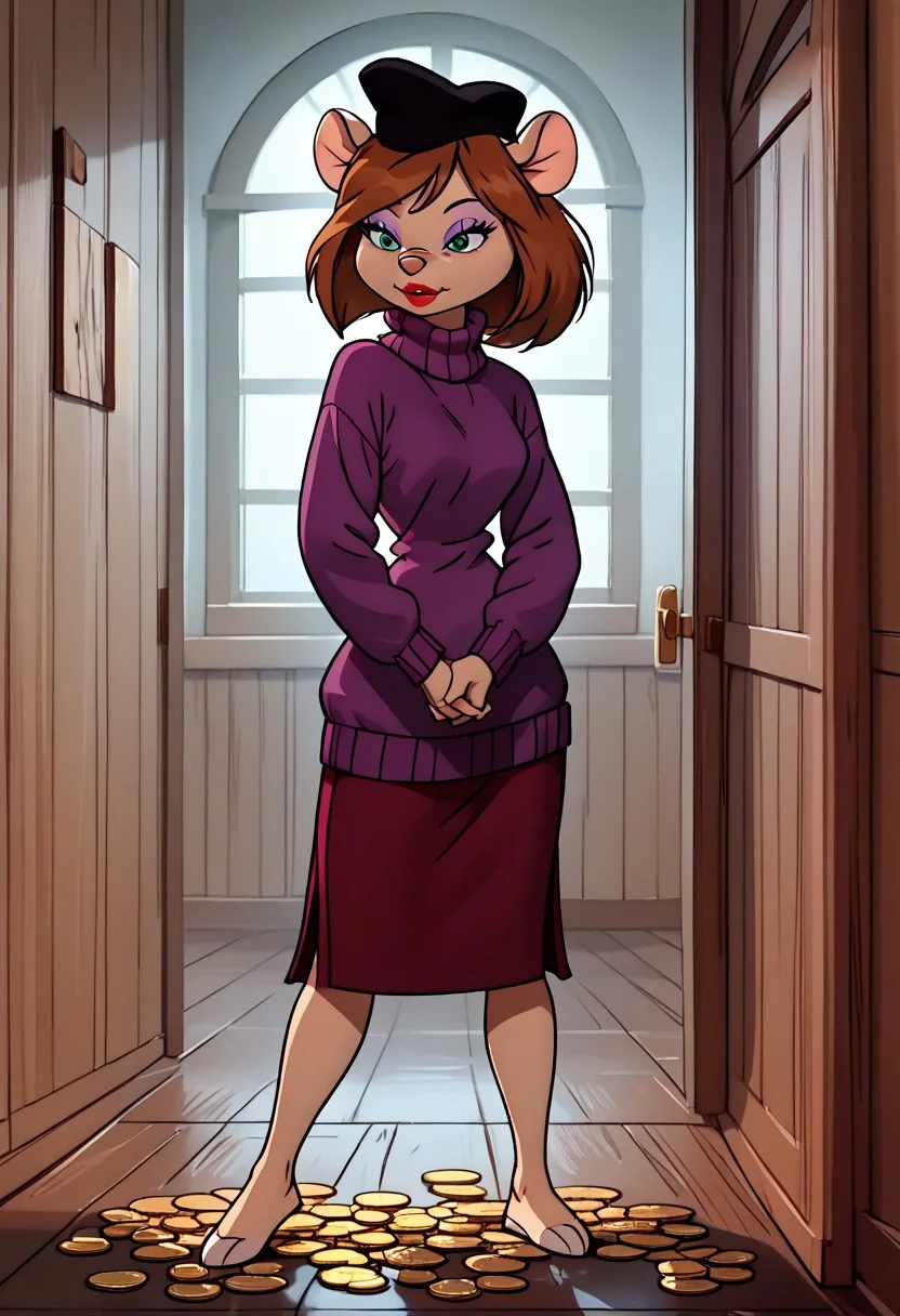 score_9, score_8_up, score_7_up, toon \(style\),ultra high quality,ultra high resolution,ultra ,full body, (extremely detailed), detailed background ,(masterpiece, best quality, high quality, highres, ultra-detailed), ,long legs, <lora:Desiree_DAllure_Chip_n_Dale_Rescue_Rangers:0.9> desiree d'allure, anthro, furry, mouse, mouse ears, , black headwear, long sleeves, red lips, light purple eyeshadow, brown hair, short bob cut, side-swept bangs, toon (style), purple sweater, turtleneck sweater, aqua eyes, flat color, narrow waist, full body view, perfect eyes,perfect lips, very greedy look, teeth, thick lips ,long eyelashes, (inside golden room1,4), room full of gold, holding golden coins in hands, looking at hands, gold everywhere around