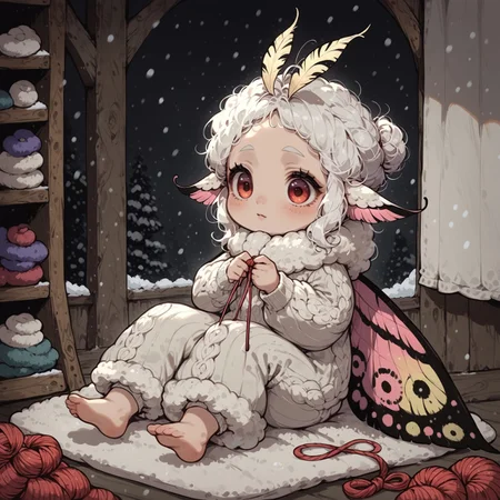 score_9, score_8_up, score_7_up, source_anime, 1girl, (ultra HD quality details), anime, slightly chibi, cute moth girl, red antenna, rust colored moth wings, warm grey clothing with intricate moth pattern, sitting,holding knitting needles, making a white blanket, knitting a white sweater, piles of wool, piles of yarn. inside treehouse, cozy lighting, looking outside, falling snow, snowstorm
(detailed image, high resolution, 5k resolution:1.0)
