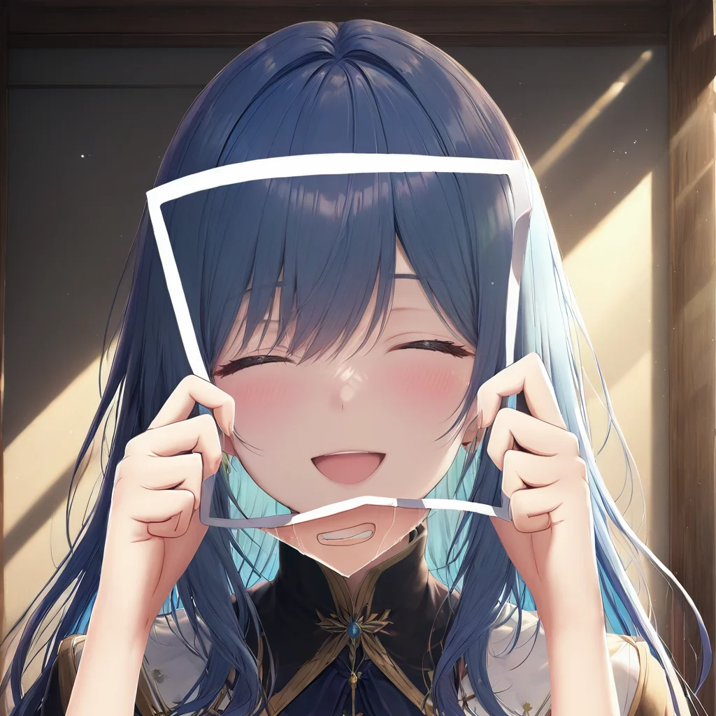 extremely detailed fine touch, natural light, sun light, light rays, dappled light, reflection, shadows, ray tracing, masterpiece, best quality, highly detailed,
<lora:girl hides sadness with a photo(SDXL):1.0> photo, 1girl, smile, closed eyes, blush, facing viewer, holding, photo (object), picture frame, open mouth, :d, ^ ^, upper body, crying, hands up, picture (object),
blue hair,