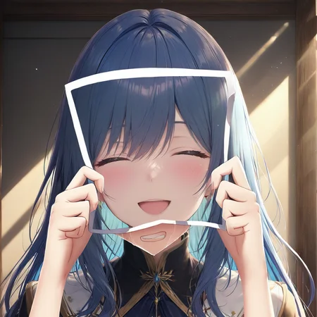 extremely detailed fine touch, natural light, sun light, light rays, dappled light, reflection, shadows, ray tracing, masterpiece, best quality, highly detailed,
<lora:girl hides sadness with a photo(SDXL):1.0> photo, 1girl, smile, closed eyes, blush, facing viewer, holding, photo (object), picture frame, open mouth, :d, ^ ^, upper body, crying, hands up, picture (object),
blue hair,