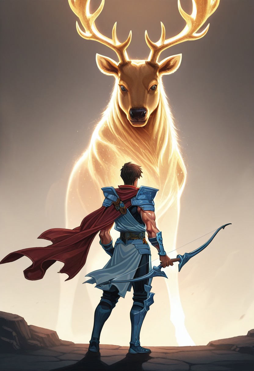 1boy, GOHPROT, male focus, toned male, short hair, brown hair, red cape, shoulder armor, black sleeveless bodysuit, white toga, white loincloth, belt, waist armor, vambraces, greaves, (bow \(weapon\):1.5), from behind, bosstyle, fighting a glowing golden deer, masterpiece, best quality, amazing quality,